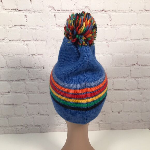 Vintage Meister Knit Beanie Ski Hat 100% New Wool Rainbow Stripe Pompom Ball - Picture 6 of 8